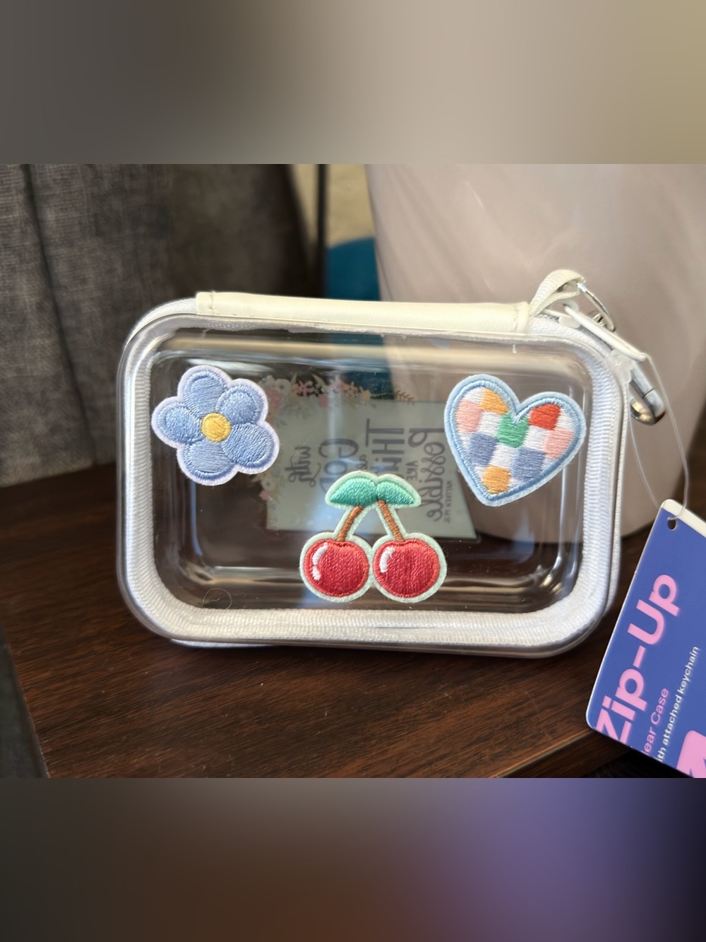 Clear Kids Zip-Up Carry Case with Cherry & Flower Patches - White Trim